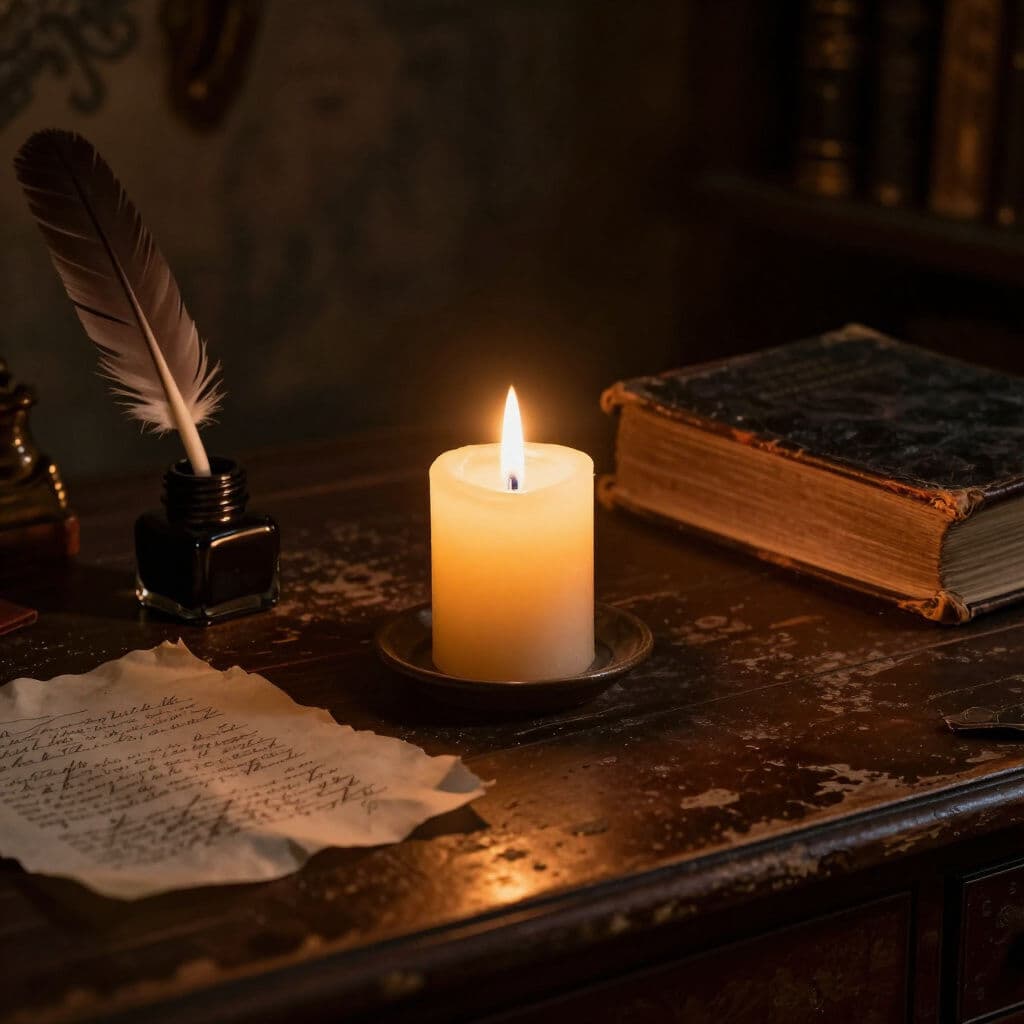 Candlelit writing desk with quill, inkwell, and ancient book